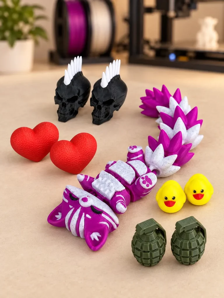 Petits objets imprimés en 3D proposés en dépôt-vente à l'atelier